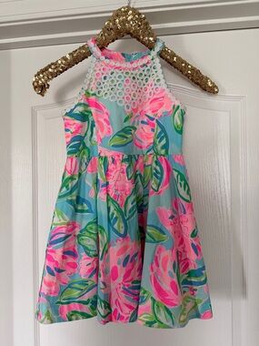 Lilly Pulitzer Pink & Aqua Floral Halter Dress with Crochet Yoke